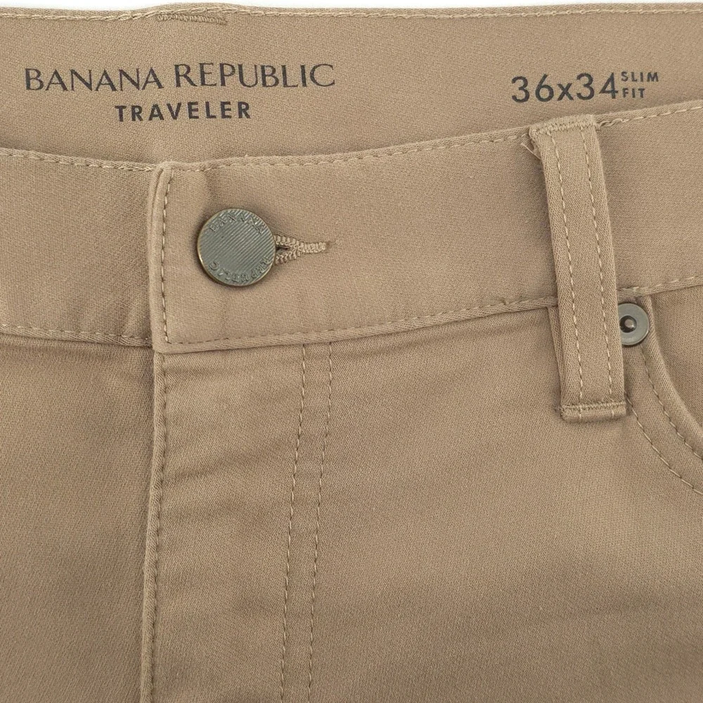 Banana Republic Mens Traveler Pants 36x34 Slim Fit Khaki Tan Chino Stretch